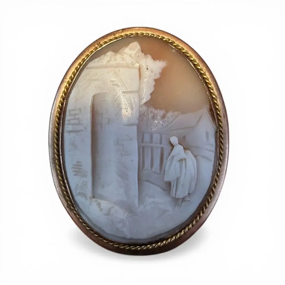 Antique Shell Cameo Brooch: Rebecca at the Well Figural Carving Gold Filled